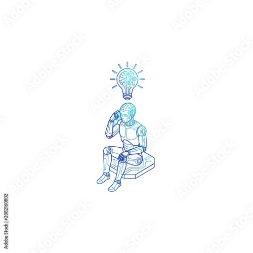 Robotic Person Illustration Holding a Smartphone with a Glowing Lightbulb Above the Head and Learning Technology Concept