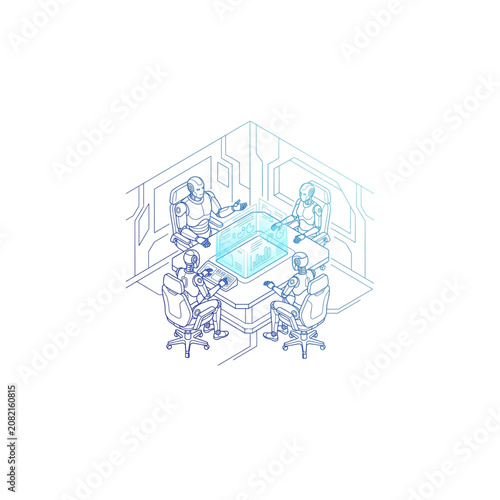 Robots Sitting Around a Futuristic Table in a High-Tech Meeting Room Featuring Technology, Artificial, Intelligence with Sci-Fi