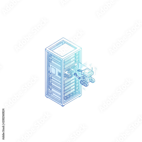 Server Rack with Circuit-Like Lines and Attached Hardware Devices, Minimalist Isometric Tech Illustration for Data Center Concept