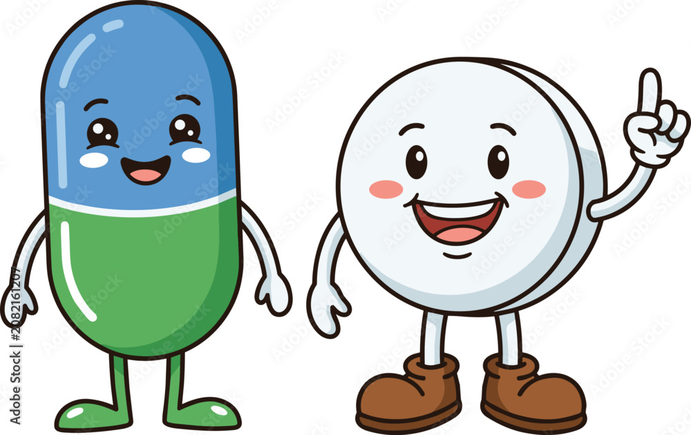 Obraz premium Cute medical pill and capsule mascot characters smiling and pointing up friendly healthcare vector illustration isolated