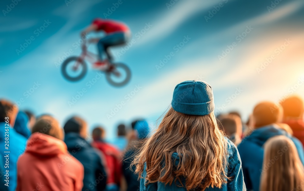 Obraz premium Teenagers Watching BMX Performance at Extreme Sports Competition Event