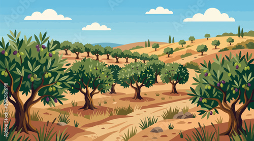 Scenic Mediterranean Olive Grove Landscape with Rolling Hills and Sunny Blue Sky for Agriculture Illustration