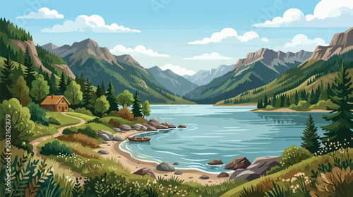 Serene alpine mountain lake landscape with a rustic wooden cabin by the shore near forest and blue skies.