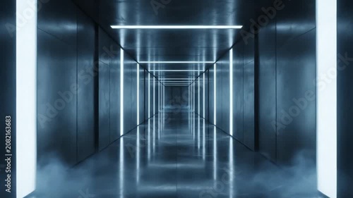 Futuristic neon glowing blue light tunnel and architectural corridor.