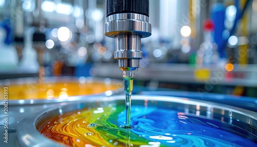 Macro view of colorful liquid paint mixing nozzle.