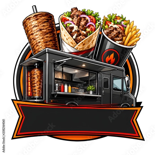 Food Truck  Logo Serving Shawarma Wraps, Kebab Bowls and Fries With Grill and Doner Cone