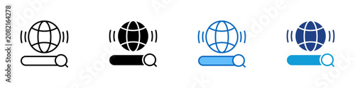 Global Web Search Multiple Style Icon Design Vector - Globe with signal waves and search bar representing global internet search, worldwide web query broadcasting, and content discovery