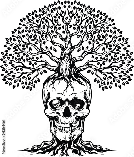 Black and white illustration of a human skull with tree growing out of it symbolizing life and death  a metaphor for nature and mortality