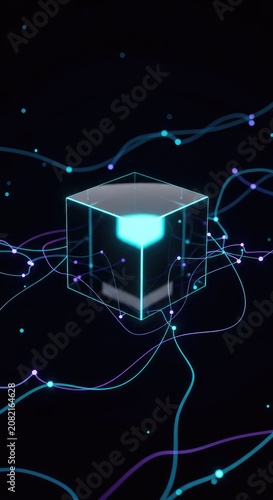 A sleek obsidian cube glows with cyan light, floating in a dark digital void filled with interconnected nodes and glowing data streams, binary, virtual, safety