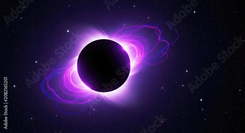 A stunning total solar eclipse featuring a vibrant purple plasma glow radiating from the dark disk against a deep starry cosmic background, sphere, galaxy, majestic