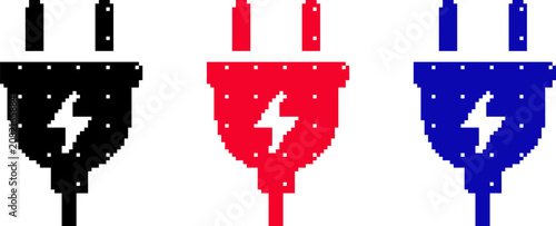 Pixel art style electric plug icons in black, red, and blue colors
