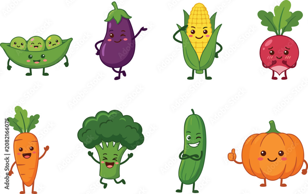 Fototapeta premium Cute Cartoon Vegetable Characters Collection with Smiling Kawaii Food Mascots Vector Set
