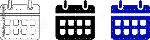 A set of three pixel art calendar icons in black, blue, and outline