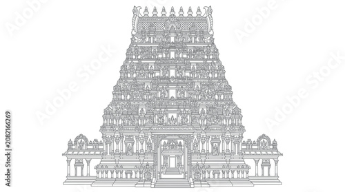 Принти на полотні Intricate Hindu Temple Gopuram Outline Drawing, Dravidian Architecture, Religiou