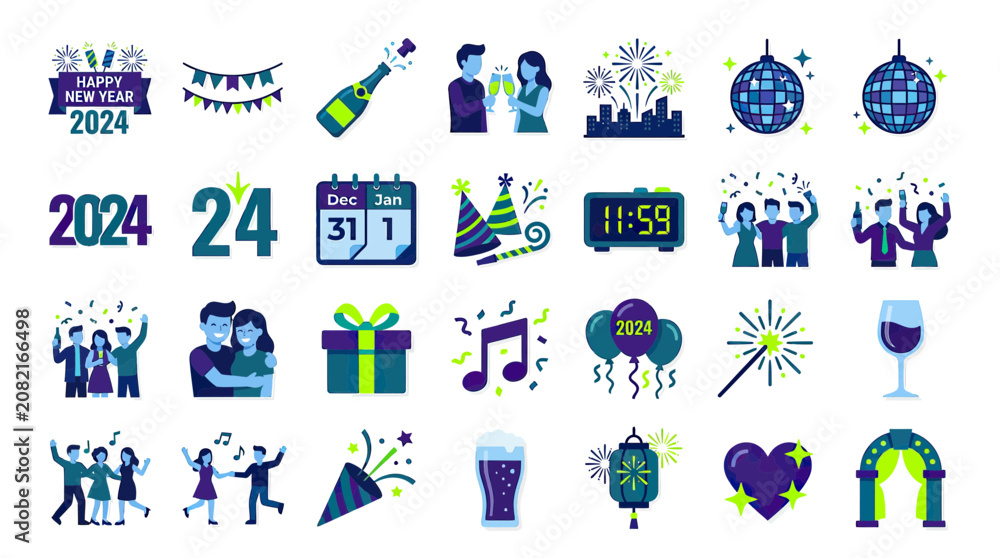 Fototapeta premium Happy New Year 2024 Celebration Icons Set - Party, Calendar, Fireworks, Disco Ball