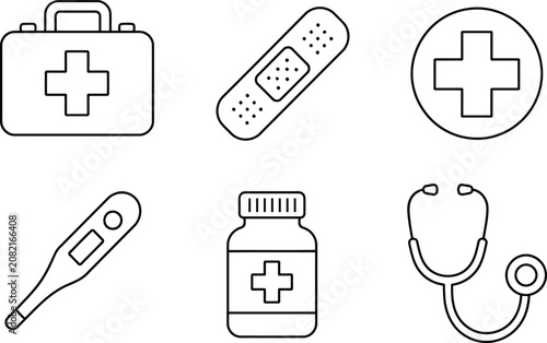 Set of medical and healthcare outline icons including first aid kit and stethoscope tools