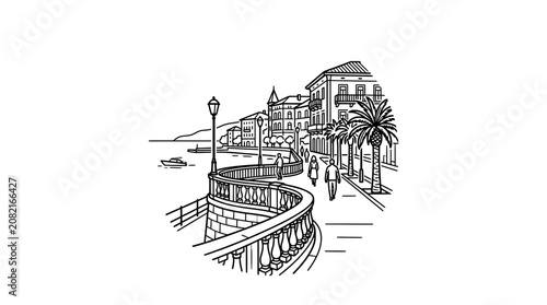 Photos Coastal Promenade Sketch: Italian Town Buildings, Sea, Palm Trees, People Walkin