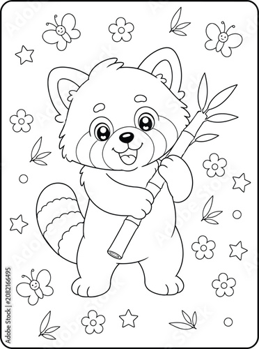 Cute red panda holding a bamboo stalk with flowers and butterflies coloring page