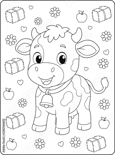 Cute cartoon cow with flowers and apples for kids coloring page