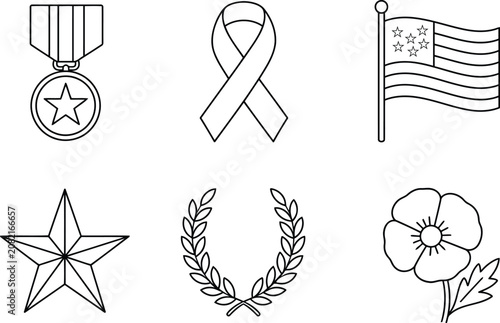Set of military memorial day icons with medal ribbon flag star laurel and poppy flower