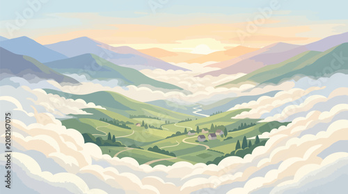 Serene Morning Landscape of a Misty Green Valley with Sunrise Behind Mountains and Fluffy White Clouds Design