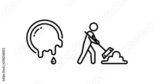 Paint drip spill and manual labor sweeping icon set with sweeping cleaning maintenance construction renovation decorating activity industry professional improvement minimalist