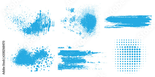 Photos Blue grunge paint brush strokes and halftone splatter elements collection vector illustration isolated on white background