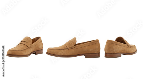 Foto Classic suede loafer shoes footwear shown from three different angles