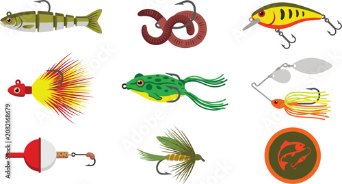 Foto Fishing Bait and Lure Collection Vector Set with Artificial Worms, Frog Lures, S