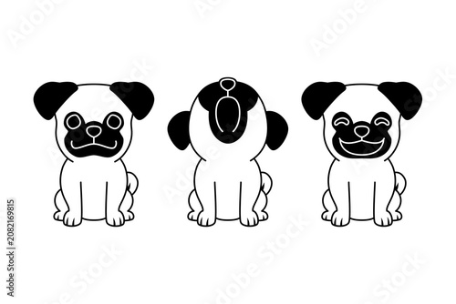 Cute pug puppy set in three poses black and white cartoon vector illustration