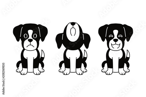 Cute boxer dog set in three poses black and white cartoon vector illustration