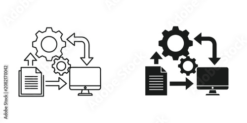 Data processing workflow set featuring gears and computer monitor for digital automation and system optimization
