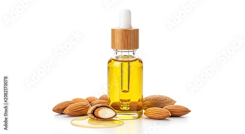 A small amber-colored oil bottle with a dropper sits on a white surface next to a few whole almonds. The oil appears viscous and slightly reflective, with a wooden cap and dropper.