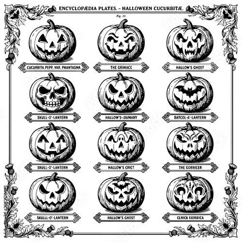 Bild auf Leinwand Vintage encyclopedia plate of halloween carved pumpkins illustration with hallow
