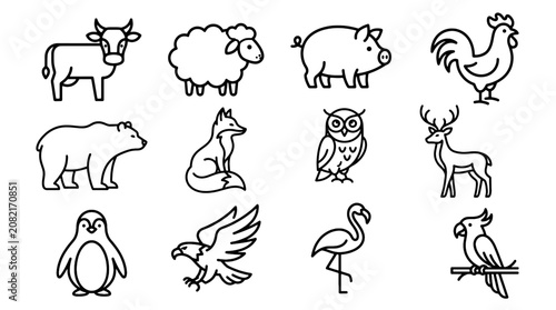 Farm Animal Outline Icon Set Editable Stroke Vector Line Icons with Sheep Pig Fox Owl Swan and Flamingo