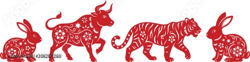 Canvastavla Chinese zodiac animals red silhouette vector set with decorative flower pattern