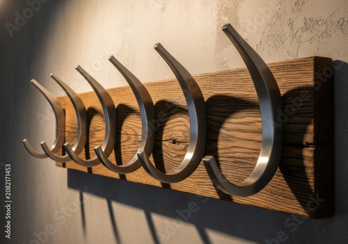 Rustic industrial wall mounted coat rack with metal hooks on wood board.