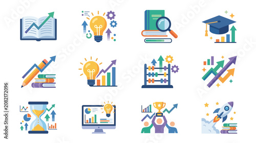 Clean Colorful Educational Icons Showcasing Growth Learning and Achievement with Books Charts and Awards