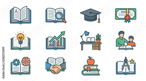 Clean Flat Set of 12 Educational and Learning Concept Icons with Books Magnifying Glass Graduation Cap Light Bulb Graph Handshake and More