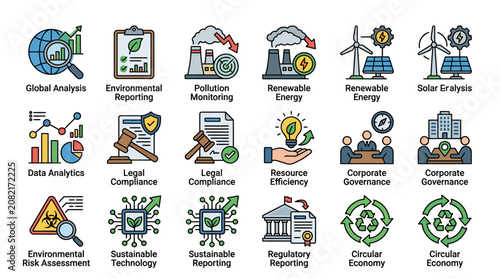Sleek Infographic Showcasing 18 Key Concepts in Environmental and Corporate Sustainability with Colorful Icons