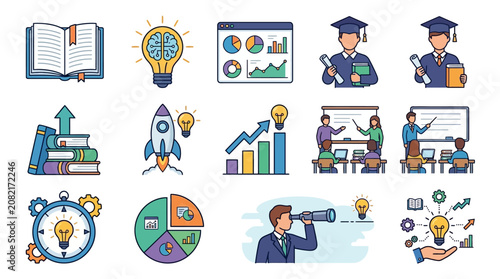 Clean Educational and Business Growth Concepts Illustrated with Bright Icons Books Charts and Innovative Symbols