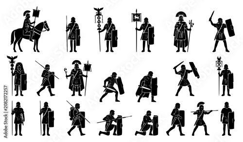 Canvastavla Ancient Roman legionary soldier silhouette vector set with centurion cavalry inf