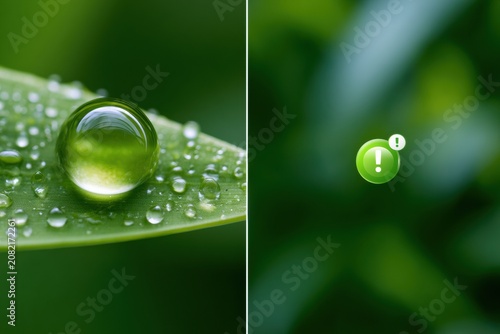 A raindrop rests on a leaf while a digital notification ping appears. This shows the contrast between nature and digital signals.