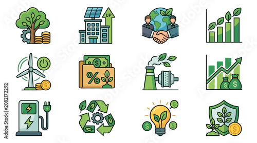 Minimalist Illustrations of Green Economy and Sustainable Investment Concepts with Trees Buildings Money and Energy Symbols
