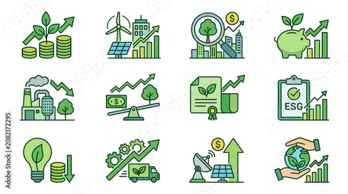 Elegant Green Investment and Sustainability Icons Showcasing Growth ESG and Eco Friendly Financial Concepts