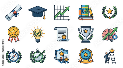 Dynamic Collection of Flat Icons Representing Achievement Education Success and Growth with high quality professional line art symbols for modern creative design and digital branding projects