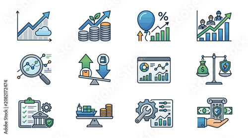 Industrial Business Growth and Financial Analytics Icons Set with Colorful Charts Balances and Symbols