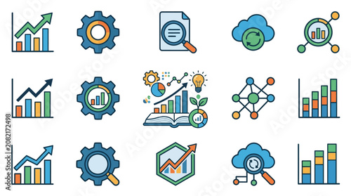 Industrial Style Set Showcasing Colorful Icons of Analytics Cloud Computing Data Insights and Business Growth