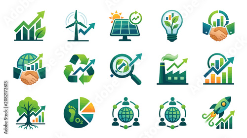 Creative Set of 15 Vibrant Eco Business and Growth Icons with Green Blue and White Color Schemes Featuring Charts Wind Turbines Solar Panels Handshakes and Global Networking