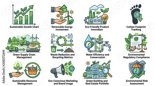 Minimalist Infographic Showing 10 Key Sustainable Business Practices with Bright Icons and Green Themed Visuals
